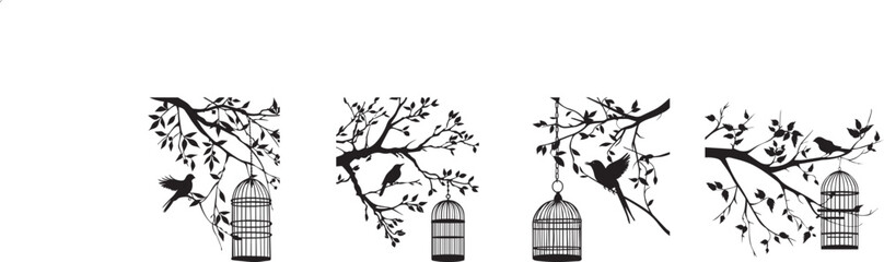 Silhouette of birds flying around tree branches with hanging cages, symbolizing freedom and nature, minimalist black and white wall art design perfect for home decor, posters, and inspirational artwor