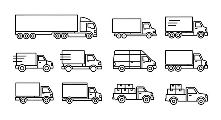 Collection of various truck illustrations in a clean outline style
