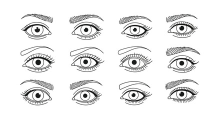 Collection of hand drawn sketch style eyes with detailed lashes and brows