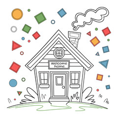 cute cottage line drawing, colorful shapes confetti, warm home message, cheerful community theme, minimal suburban illustration vector