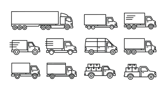 Collection of various truck illustrations in a clean outline style