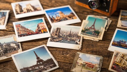 Vintage Parisian photographs on a wooden table