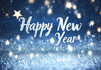 A shiny banner with the words "Happy New Year" in elegant script, surrounded by twinkling stars on an ethereal blue background.