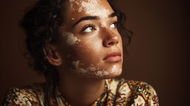 Close up of a somber young woman with vitiligo against a brown backdrop