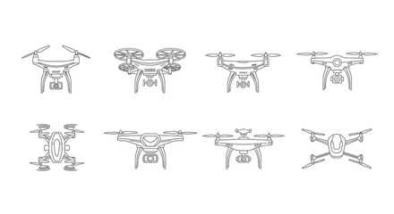 Collection of hand drawn drone illustrations in outline style