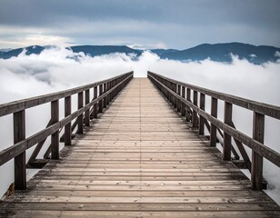 Fototapeta premium Bridge to the Clouds: A wooden bridge, leading towards an ethereal vista where rolling clouds meet the majestic peaks in the distance. The scene evokes a sense of serenity and exploration.