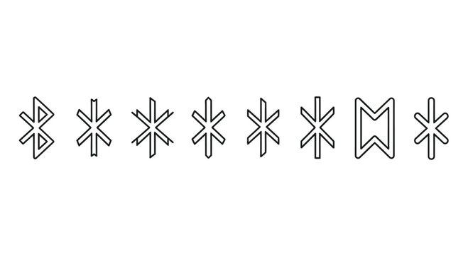 Collection of ancient norse runes and symbols in black outline on white background