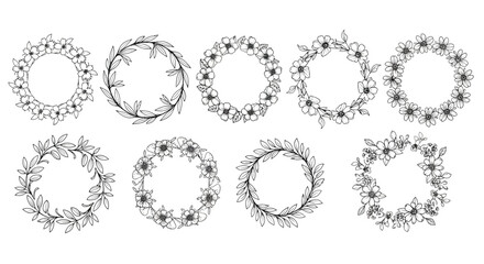 Obraz premium Collection of hand drawn oval floral wreaths and frames