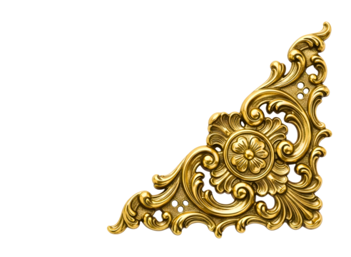 Ornate golden corner embellishment with acanthus leaves and grapes isolated on transparent background