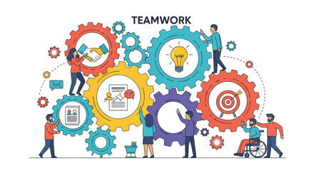 Teamwork concept with diverse people collaborating and gears representing collaboration, illustrates unity and shared goals