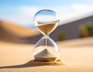 Sand Timer in Desert: A clear glass hourglass rests upon sun-kissed desert sand, a tangible symbol of time's ceaseless flow, against a backdrop of rolling dunes under an azure sky.
