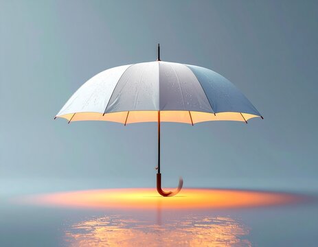 Umbrella of Protection: A solitary umbrella stands open, casting a warm glow, representing shelter, security, and protection. Its silhouette is reflected on the wet surface.