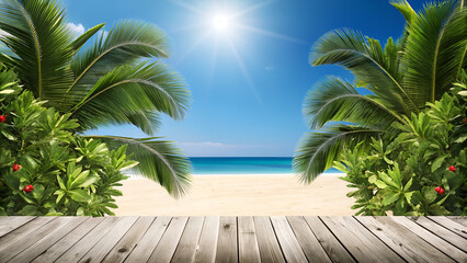 Fototapeta premium Tropical Beach Paradise View from Wooden Deck with Palm Trees, Sunny Blue Ocean, and Clear Sky. Idyllic Summer Vacation and Relaxing Travel Destination Background.