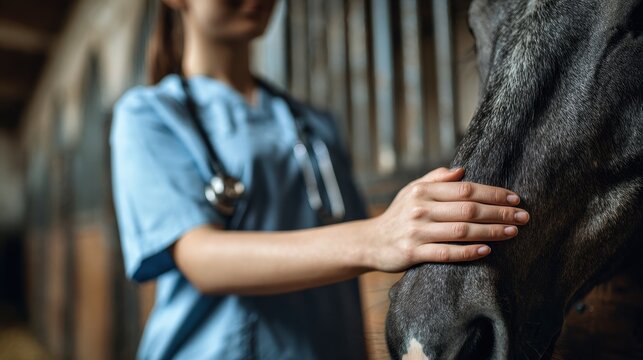 Image of a woman vet caressing a horse in a stable Animal care