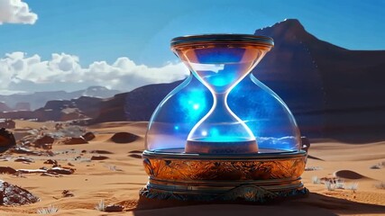 Stunning glowing blue hourglass with ornate golden details in vast desert landscape for passage of time ancient mystery timeless wonder concept - Powered by Adobe