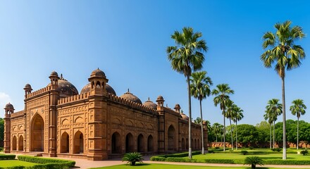 Fototapeta premium Ancient mosque with domes and minarets surrounded by palm trees