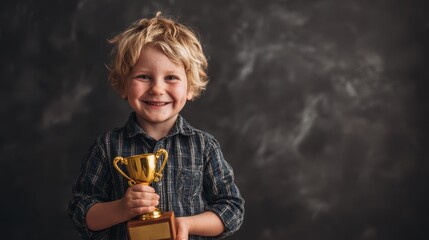 Joyful child or student with a trophy
