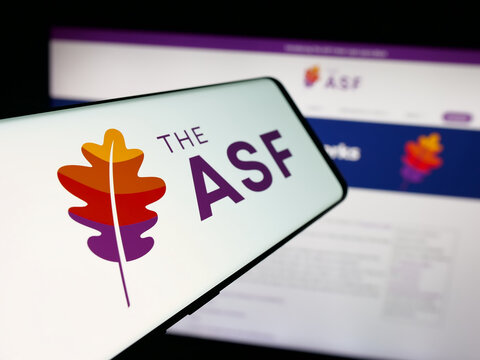 Stuttgart, Germany - 10-08-2025: Smartphone with logo of organisation Apache Software Foundation (ASF) on screen in front of website. Focus on center-left of phone display.