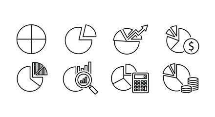 Collection of hand drawn pie chart icons representing data and finance
