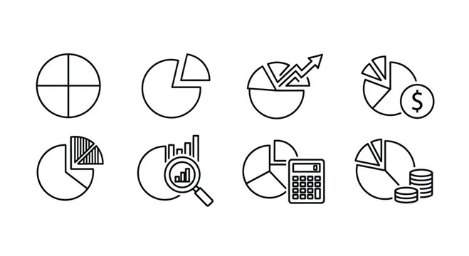 Collection of hand drawn pie chart icons representing data and finance