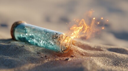 A shattered glass bottle on sand, engulfed in flames