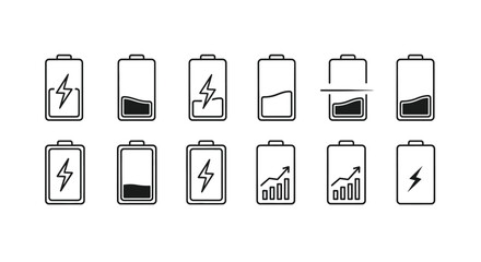 Set of hand drawn battery icons showing different charge levels and concepts