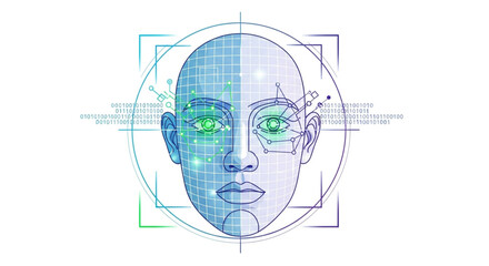Obraz premium Advanced face recognition technology with digital grid and circuit board for security and identification