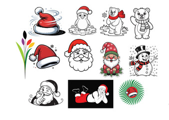 Cute Christmas Vector Set with Santa Claus, Snowman, Polar Bear, and Penguin in Santa Hat – Festive Holiday Cartoon Illustrations for Winter and New Year Celebration Designs