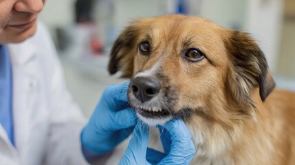 Vet in gloves examining dog s teeth