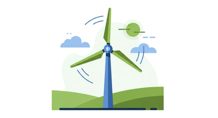 Illustration of a wind turbine on a green hill with clouds and sun in the background, representing renewable energy and sustainable development
