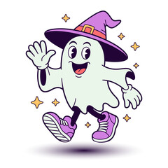 Smiling ghost mascot, purple shoes, classic witch hat, waving hand, star accents, fun Halloween graphic, clean vector