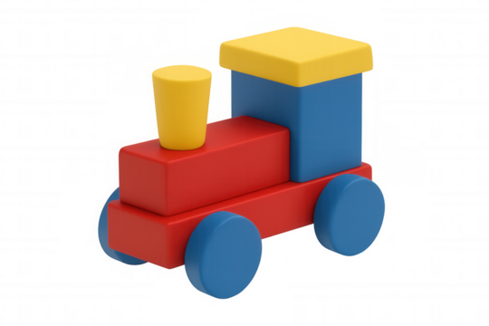 Toy train rendering built from primary color blocks representing childhood play and imagination on a transparent background