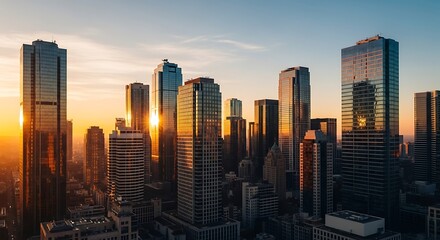 Modern city skyline at sunset with skyscrapers