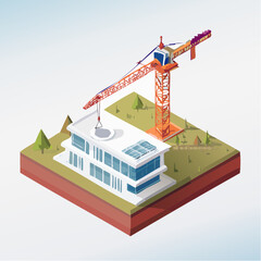 Isometric illustration depicting the construction process of a modern residential building, showcasing sustainable architecture with a tower crane