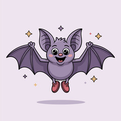 Adorable flying bat, little star accents, cheerful spooky friend, cartoon halloween icon, printable sticker graphic, clean vector artwork