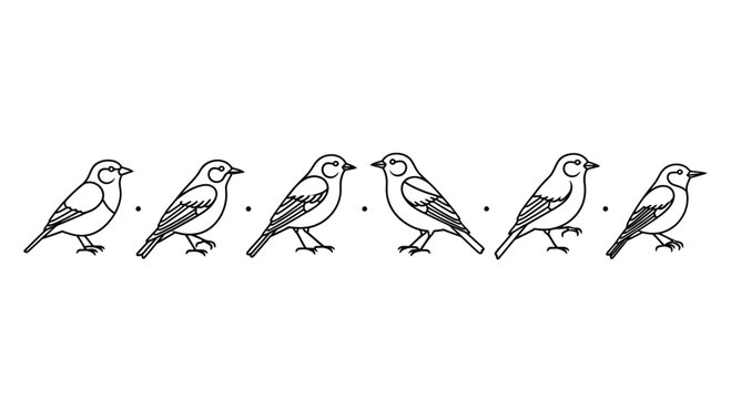 Line drawing of six sparrows in various poses and positions