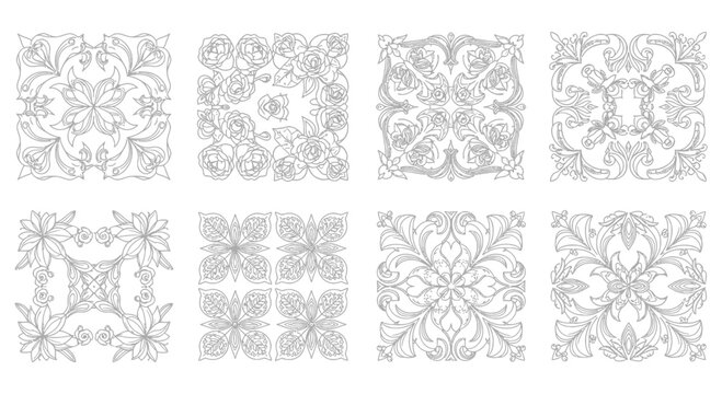 Collection of intricate black and white ornamental patterns in a symmetrical design