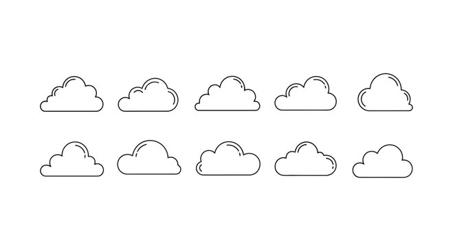 Collection of hand drawn cloud icons in a simple line art style