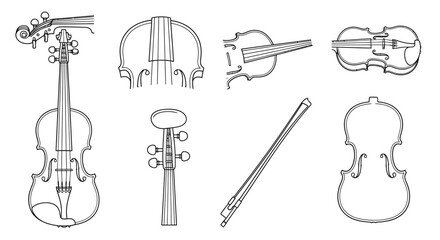 Collection of hand drawn violin and cello illustrations in sketch style © Runa