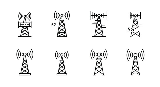 Collection of stylized communication tower icons with 5g signals
