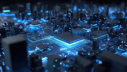 A futuristic city of interconnected circuit boards