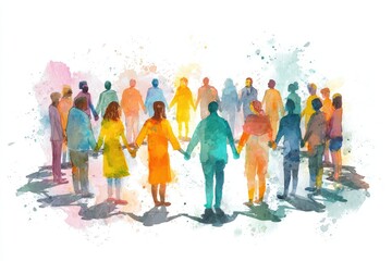 Obraz premium A circle of people holding hands, painted in watercolor