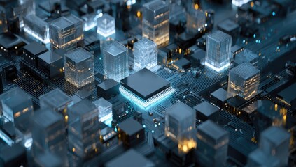 Abstract cityscape on circuit board