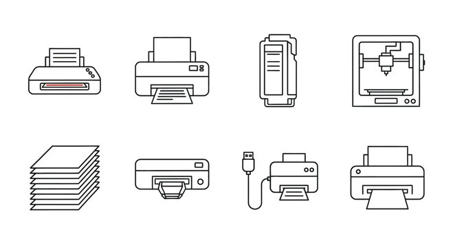 Collection of line art icons representing various printing devices and paper