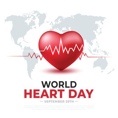 World Heart day with heartbeat and world map sign illustration on white background