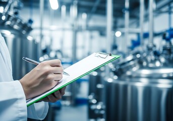 Scientist in lab coat checking clipboard in industrial manufacturing facility