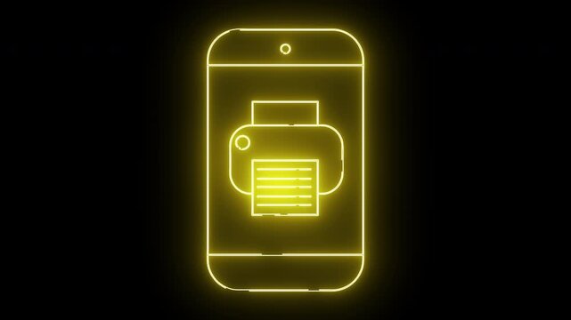 Luminous yellow outline of a phone with a printer icon in the screen on a black background