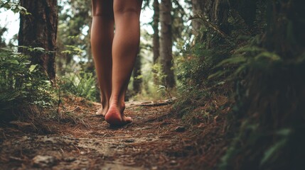 a woman strolling barefoot on a woodland path