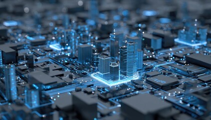 A city's architecture overlaid on a circuit board, glowing with digital light
