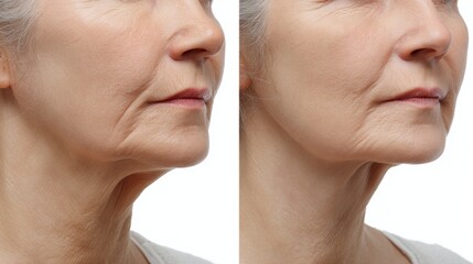 Bottom of an older woman s face and neck showing skin aging effects pre and post facelift on a white background Revitalization of loose skin wrinkles and lines